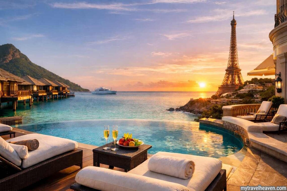 Luxury hotels with infinity pool, ocean villas, and sunset skyline.