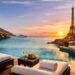 Luxury hotels with infinity pool, ocean villas, and sunset skyline.