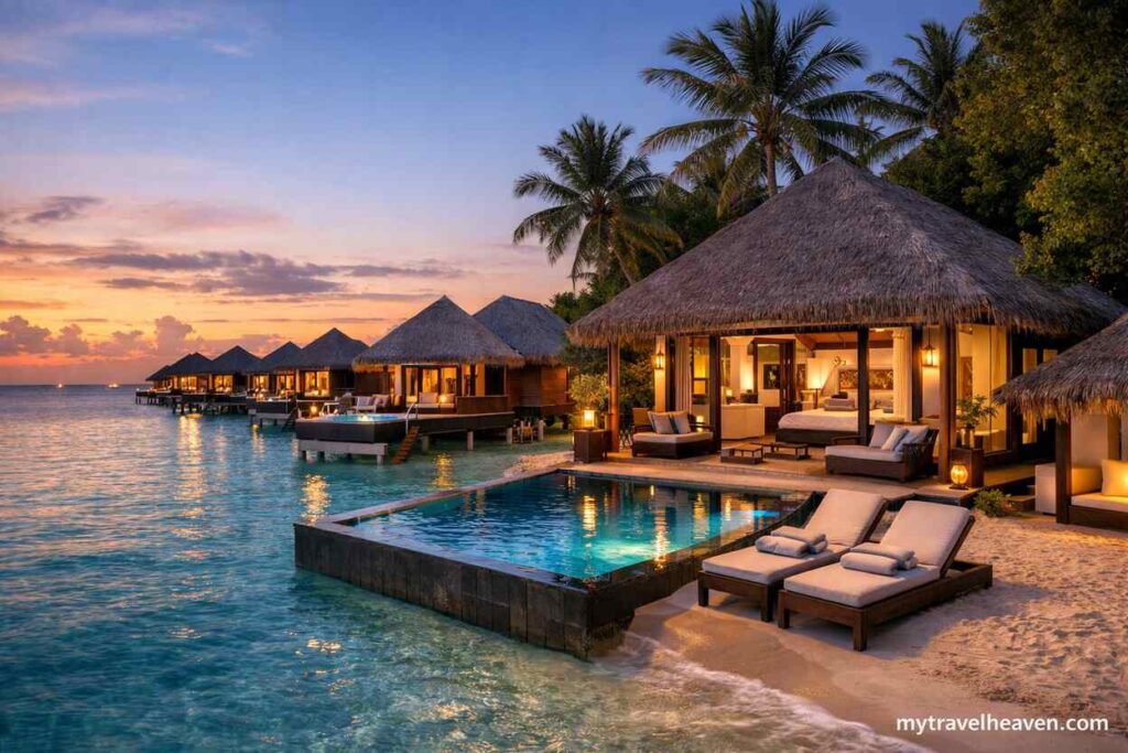 Luxury overwater villas and a private beachfront suite with an infinity pool at sunset in a tropical island resort, surrounded by palm trees and turquoise water.