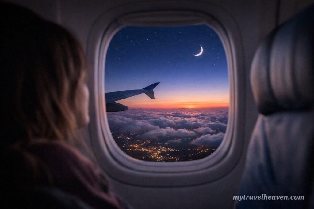 Passenger looking out of an airplane window at a sunset transitioning into night sky with city lights below and airplane wing visible.