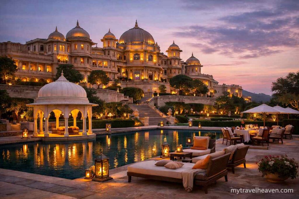 Historic palace converted into a luxury hotel with illuminated domes, elegant poolside seating, and warm evening ambiance.