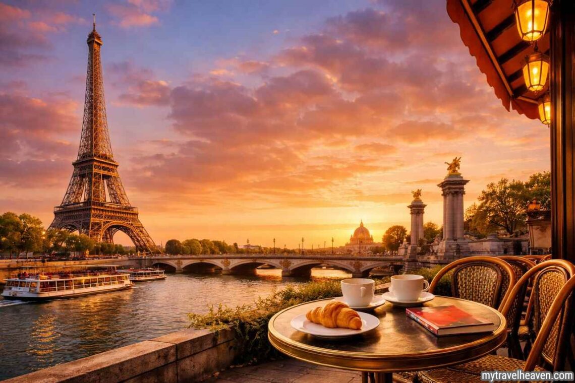 Paris travel guide with Eiffel Tower and café scene