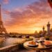 Paris travel guide with Eiffel Tower and café scene