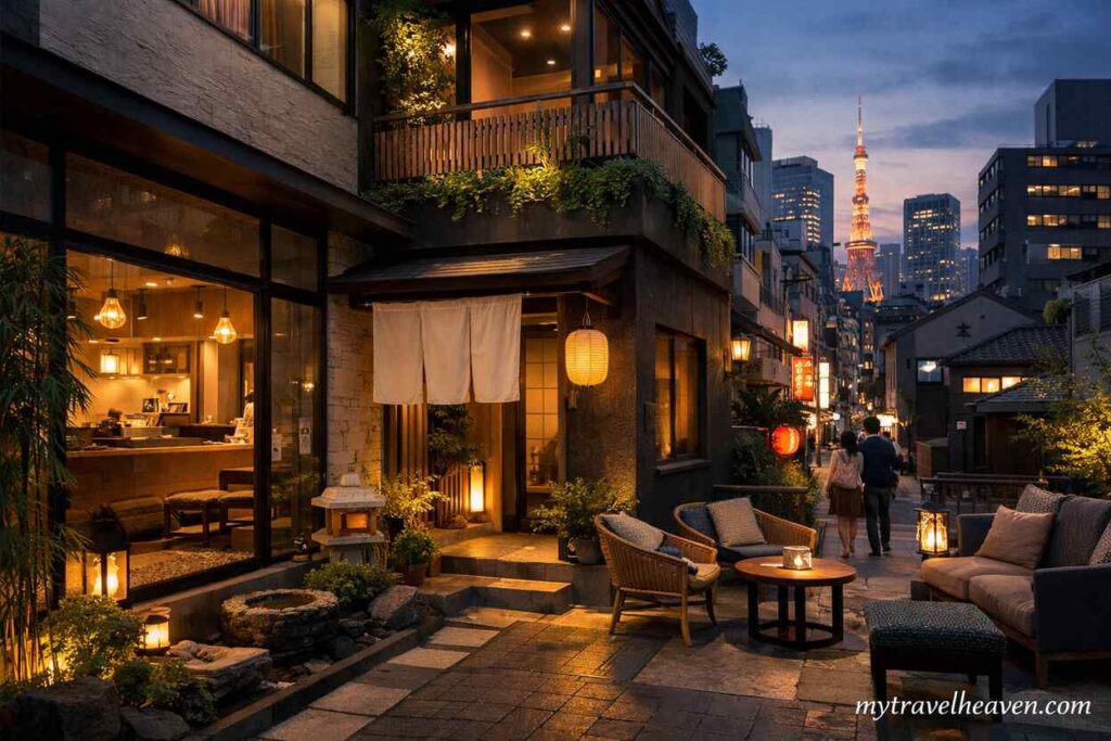 Urban boutique hotel in Japan with modern-traditional design, warm lighting, cozy outdoor seating, and Tokyo skyline with tower view at dusk.