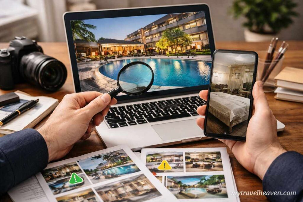 A person comparing hotel photos on a laptop and smartphone while using a magnifying glass to verify authenticity and avoid misleading listings.