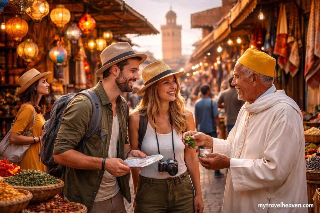Tourists interacting with a local man in a traditional market, learning cultural etiquette and enjoying a friendly conversation in a vibrant street setting.