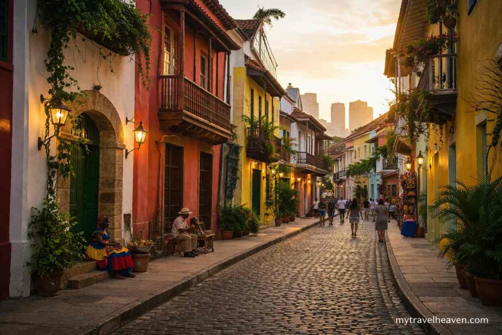 Colorful historic neighborhood with cobblestone street, traditional buildings, street art, and people exploring a vibrant cultural district.
