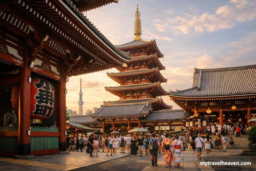 Visitors exploring Senso-ji Temple in Asakusa Tokyo during sunset with traditional pagoda architecture and Tokyo Skytree in the background.