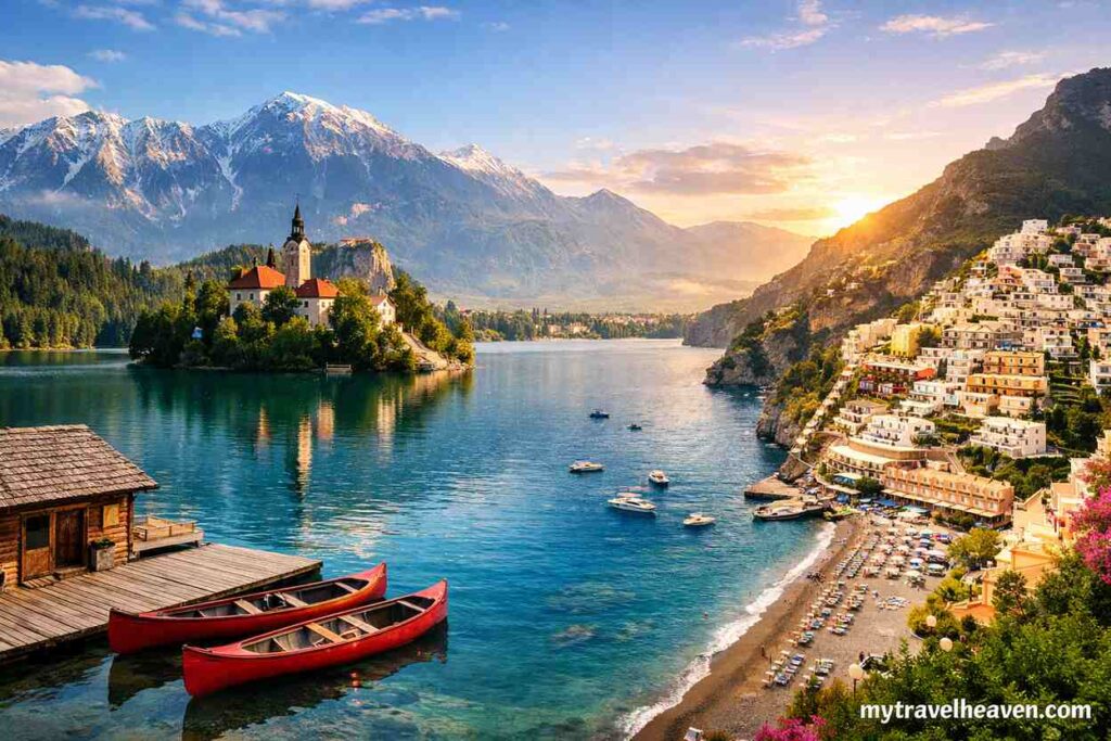 Scenic landscape showing a turquoise mountain lake with a small island church and boats on one side, and a coastal village with beach and sunset on the other, with mytravelheaven.com watermark in the corner.