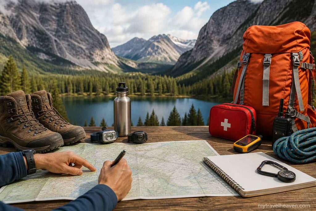 Adventure travel planning setup with map, hiking boots, backpack, first aid kit, GPS device, and mountain lake landscape in the background.