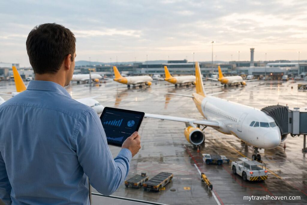 Traveler monitoring budget airline flights at a busy airport terminal with multiple low-cost airplanes on the runway.