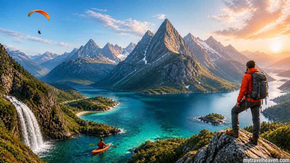 Adventure traveler overlooking mountains and lake with paragliding and kayaking activities.