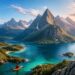 Adventure traveler overlooking mountains and lake with paragliding and kayaking activities.