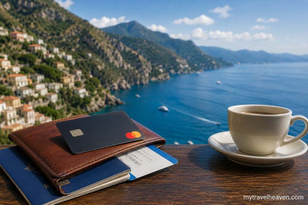 Luxury travel setup featuring a premium travel card, passport, wallet, boarding pass, and coffee cup overlooking a scenic coastal destination with mytravelheaven.com branding.
