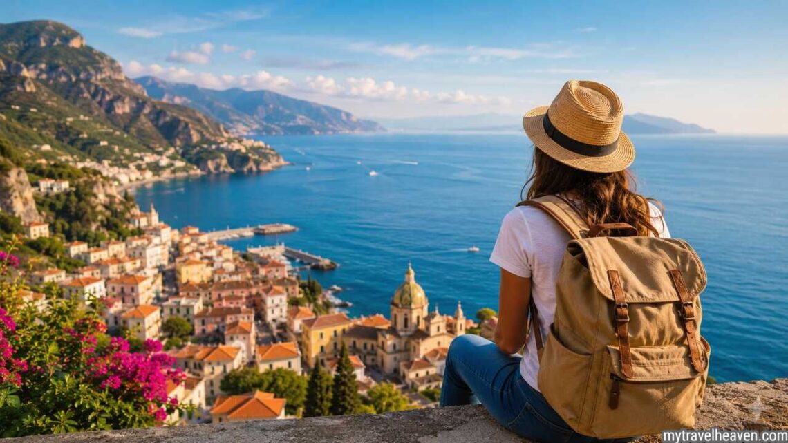 Beginner traveler overlooking coastal destination.