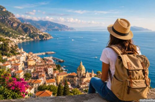 Beginner traveler overlooking coastal destination.