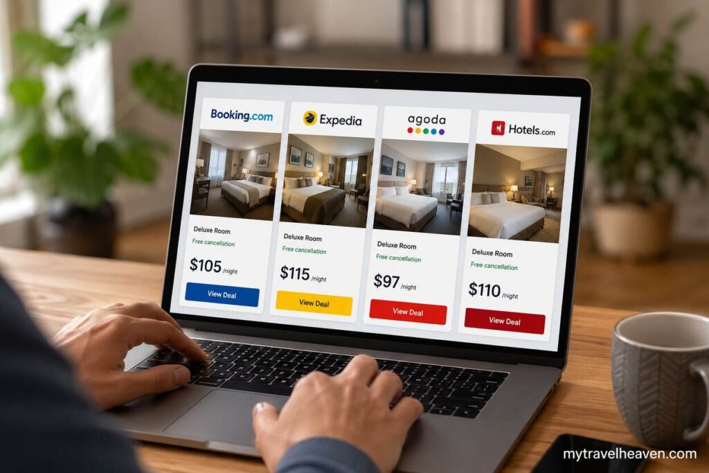 Person comparing hotel room prices across multiple booking platforms on a laptop in a modern workspace setting with travel booking websites displayed side by side.