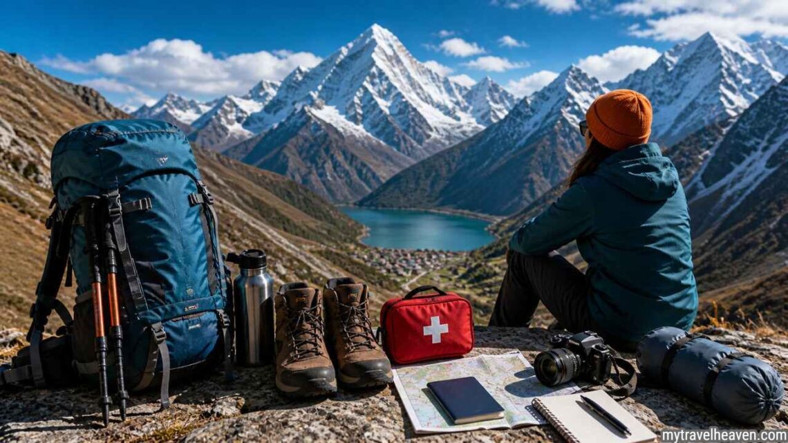 Hiker preparing for a trekking trip abroad in the mountains.