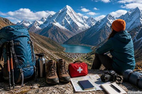 Hiker preparing for a trekking trip abroad in the mountains.
