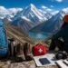 Hiker preparing for a trekking trip abroad in the mountains.