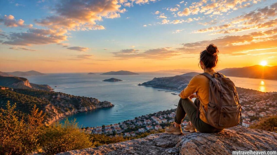 Traveler watching sunset over coastline after life-changing journey.