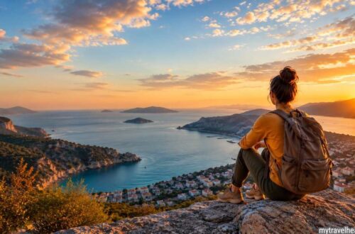 Traveler watching sunset over coastline after life-changing journey.
