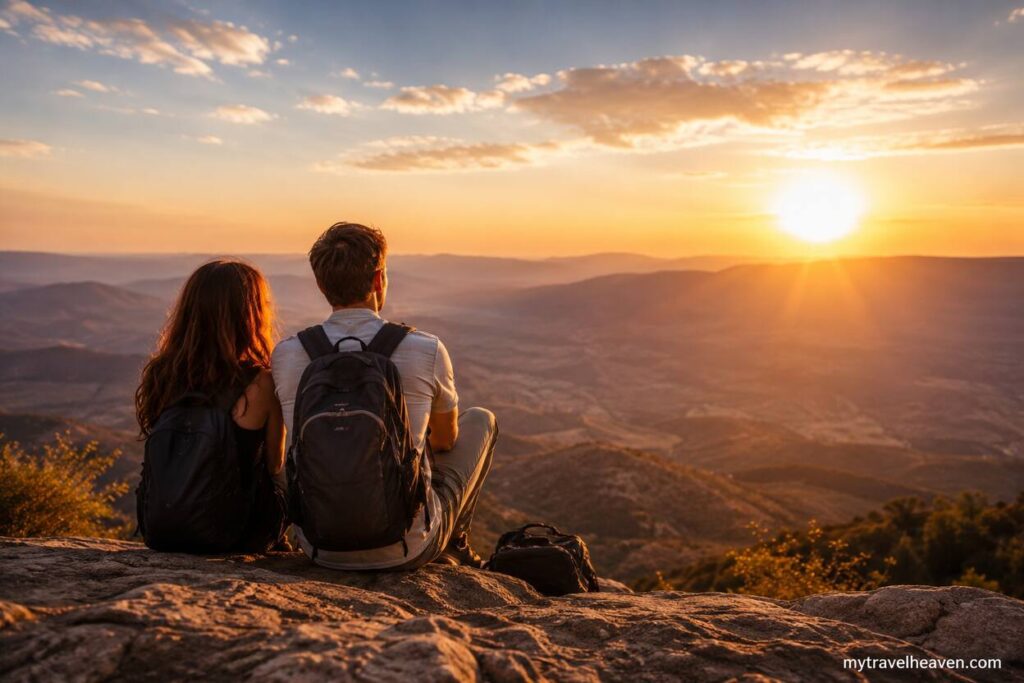 A couple with backpacks sits on a mountain viewpoint at sunset, enjoying a peaceful travel adventure with scenic hills and golden sky in the background.