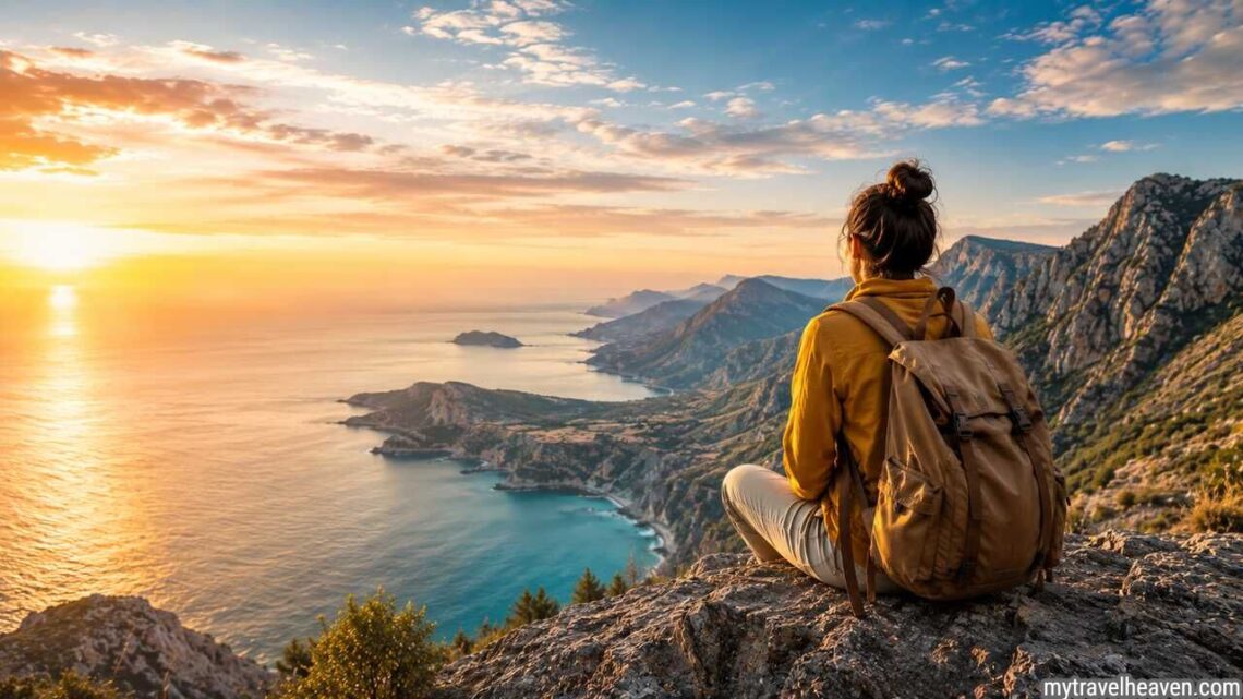 Solo traveler overlooking mountains and ocean at sunrise during a world adventure journey.
