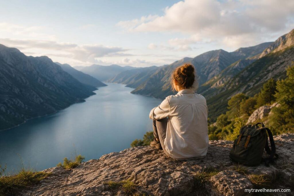 A peaceful traveler sitting on a mountain cliff overlooking a calm lake and scenic mountain valley during sunset, reflecting on mental wellness and exploration.