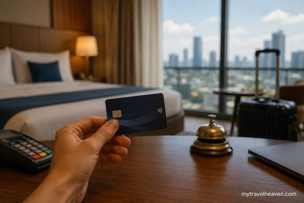 A traveler holding a premium credit card in a modern luxury hotel room with luggage, city skyline view, and hotel desk setup in the background.