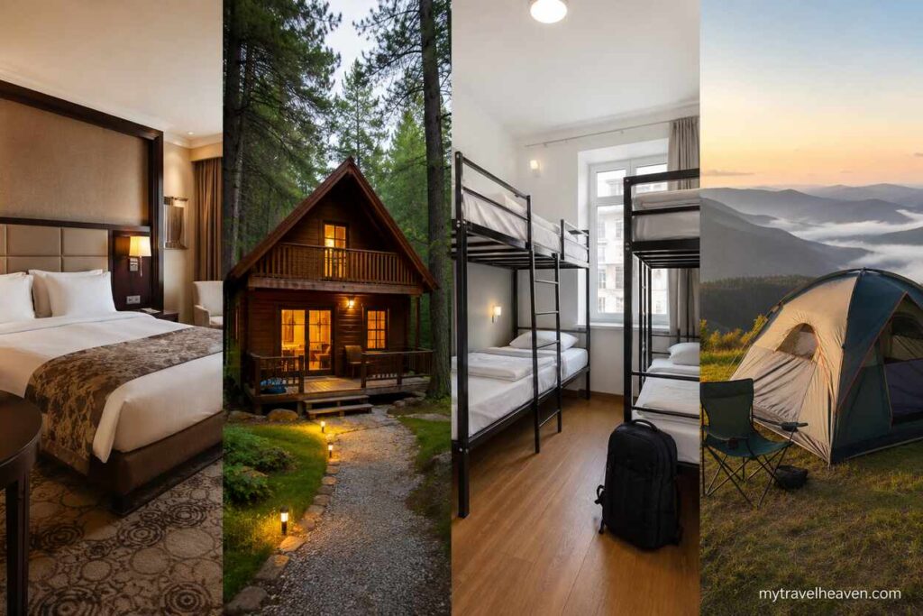 Comparison of alternative accommodation options featuring a luxury hotel room, forest cabin, hostel dormitory, and mountain camping tent in a realistic landscape collage.