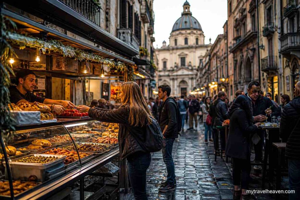 Bustling European street food market in a historic cobblestone alley with people enjoying local dishes and a vendor serving fresh food, with a domed building in the background.