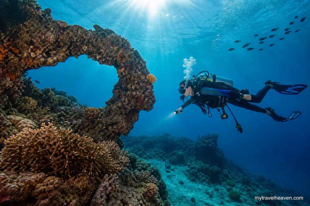 Scuba diver exploring a coral reef arch underwater with sunlight rays, marine life, and rocky seabed features.