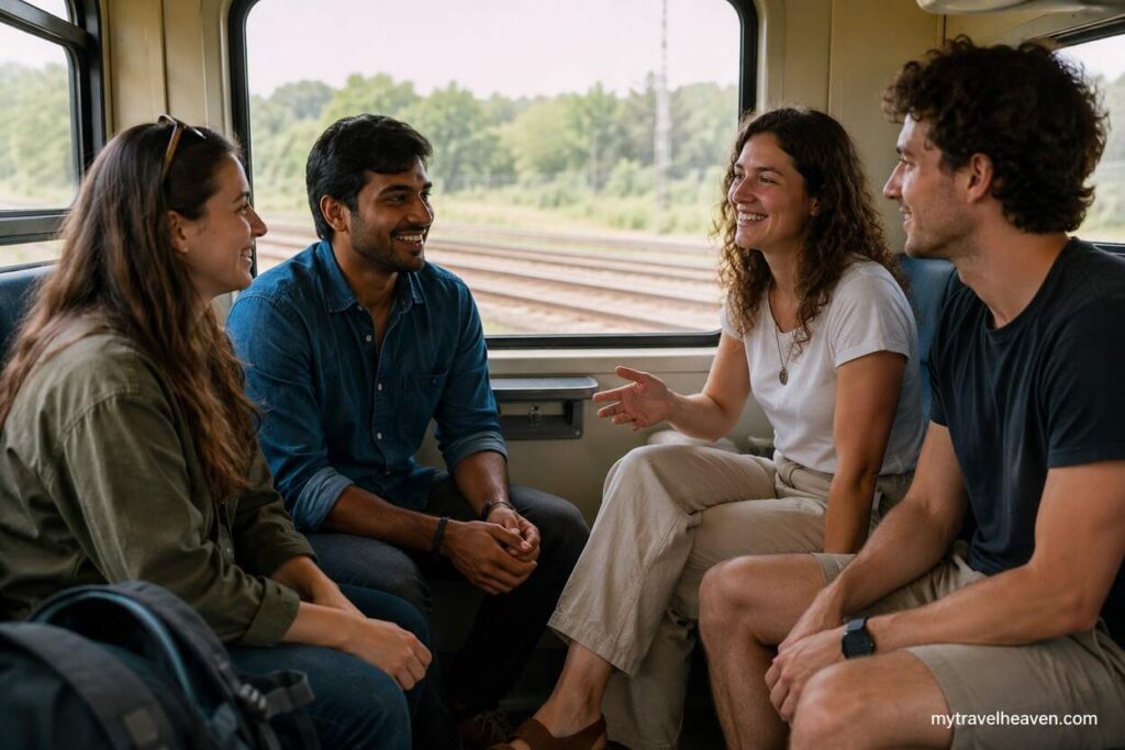 A group of travelers sitting together inside a train compartment, smiling and chatting while building new friendships during a long journey, with scenic countryside visible through the windows.