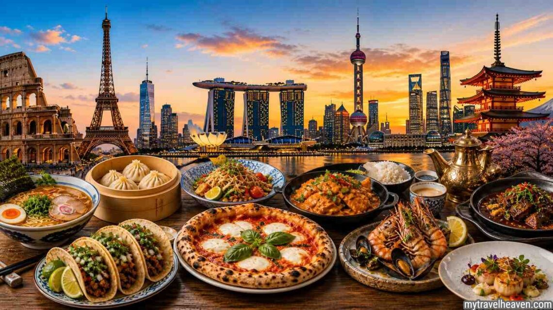 Best food cities for culinary travel with global dishes and skyline.