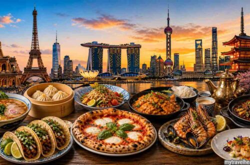 Best food cities for culinary travel with global dishes and skyline.