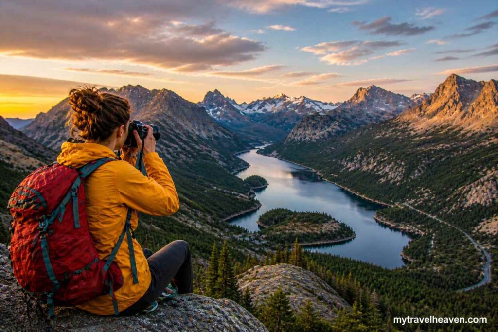 Traveler in a yellow jacket photographing a scenic mountain valley with a winding lake and sunset-lit peaks.