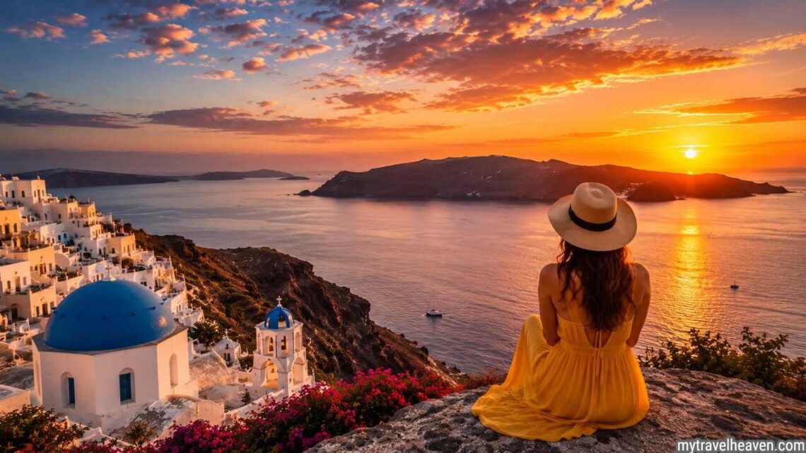 Traveler watching a stunning sunset over a coastal destination.
