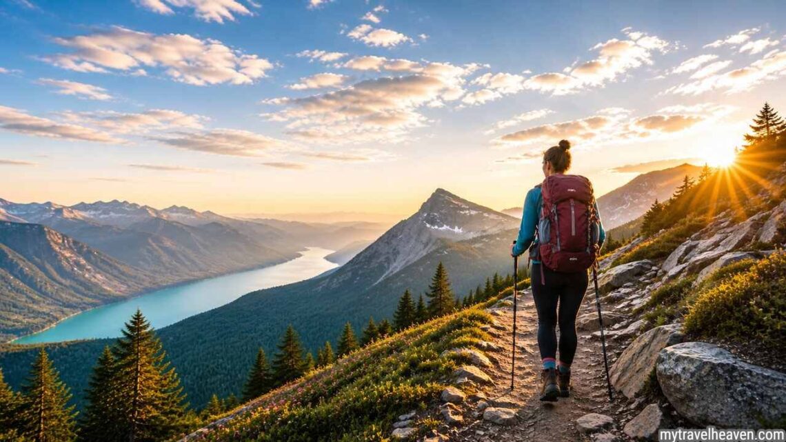 Hiker on scenic mountain trail at sunrise.