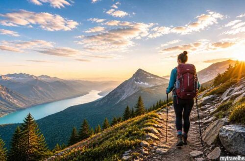 Hiker on scenic mountain trail at sunrise.