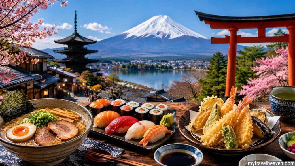 Foodie Travel Guide to Japan with sushi, ramen, tempura, and Mount Fuji.