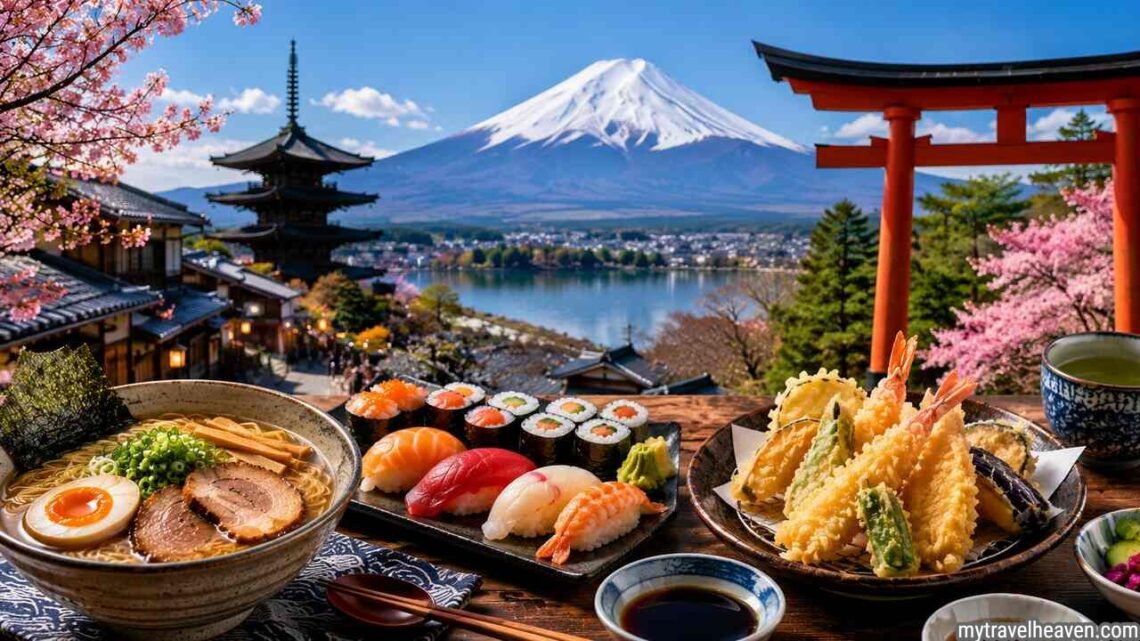 Foodie Travel Guide to Japan with sushi, ramen, tempura, and Mount Fuji.