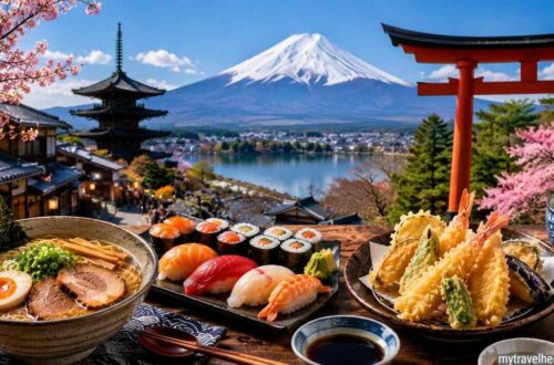 Foodie Travel Guide to Japan with sushi, ramen, tempura, and Mount Fuji.