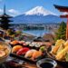 Foodie Travel Guide to Japan with sushi, ramen, tempura, and Mount Fuji.