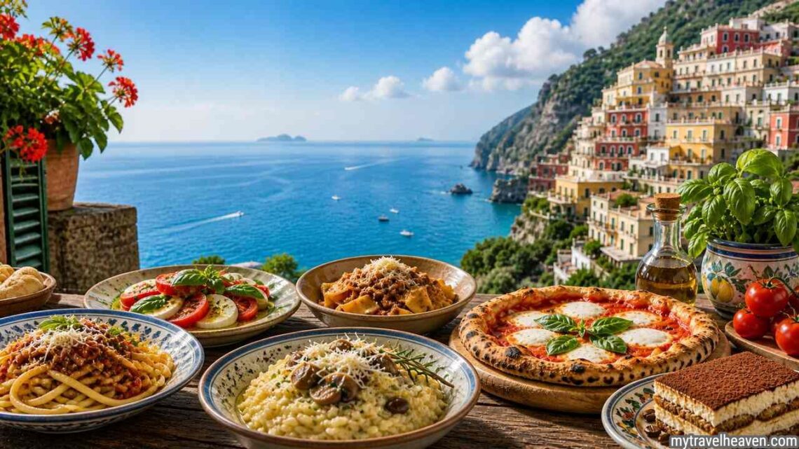 Traditional dishes in Italy on a rustic regional food table.