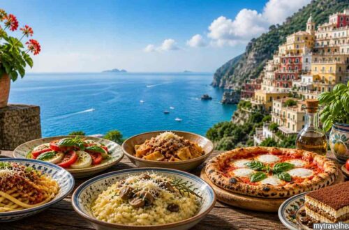 Traditional dishes in Italy on a rustic regional food table.