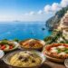 Traditional dishes in Italy on a rustic regional food table.