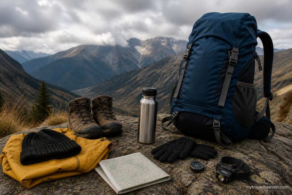 Outdoor hiking gear including backpack, boots, thermos, gloves, and map placed on a rock with cloudy mountain landscape in the background.