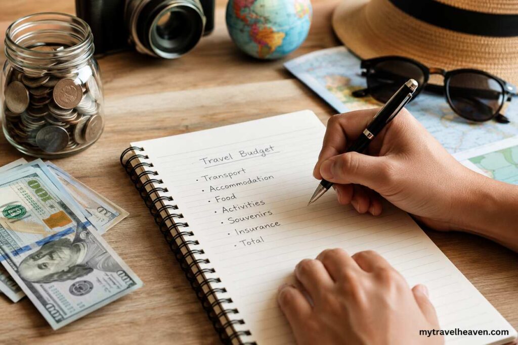 Person planning a realistic travel budget with a notebook, cash, coins, map, camera, and travel accessories on a wooden table.