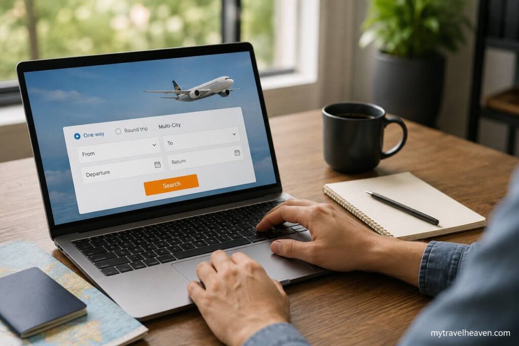 Person comparing one-way and round-trip flight ticket prices on a laptop at a modern workspace with travel accessories and coffee.